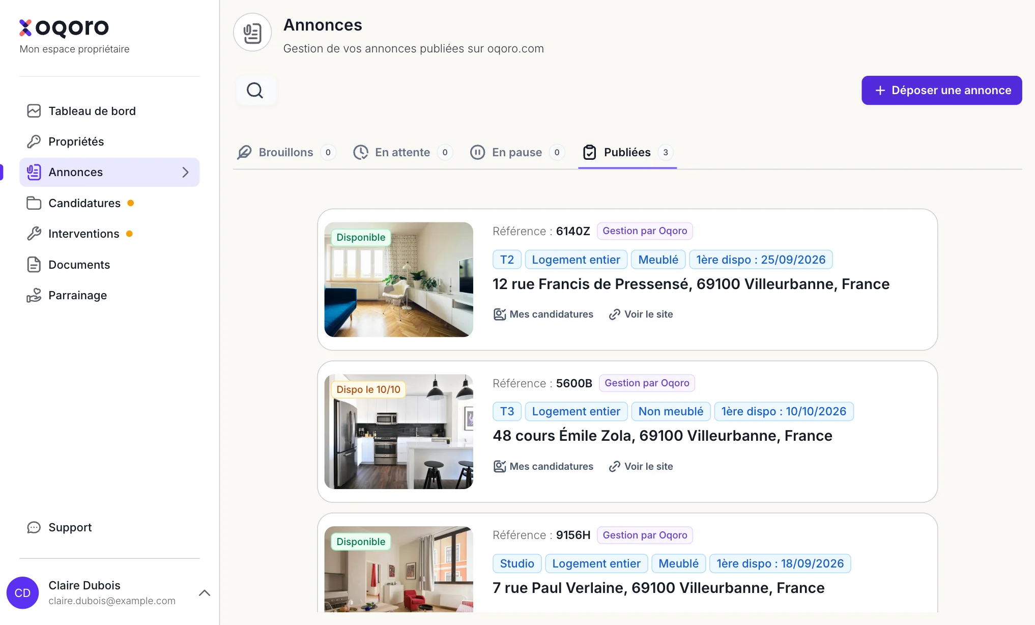 Espace propriétaire OQORO : vos annonces
