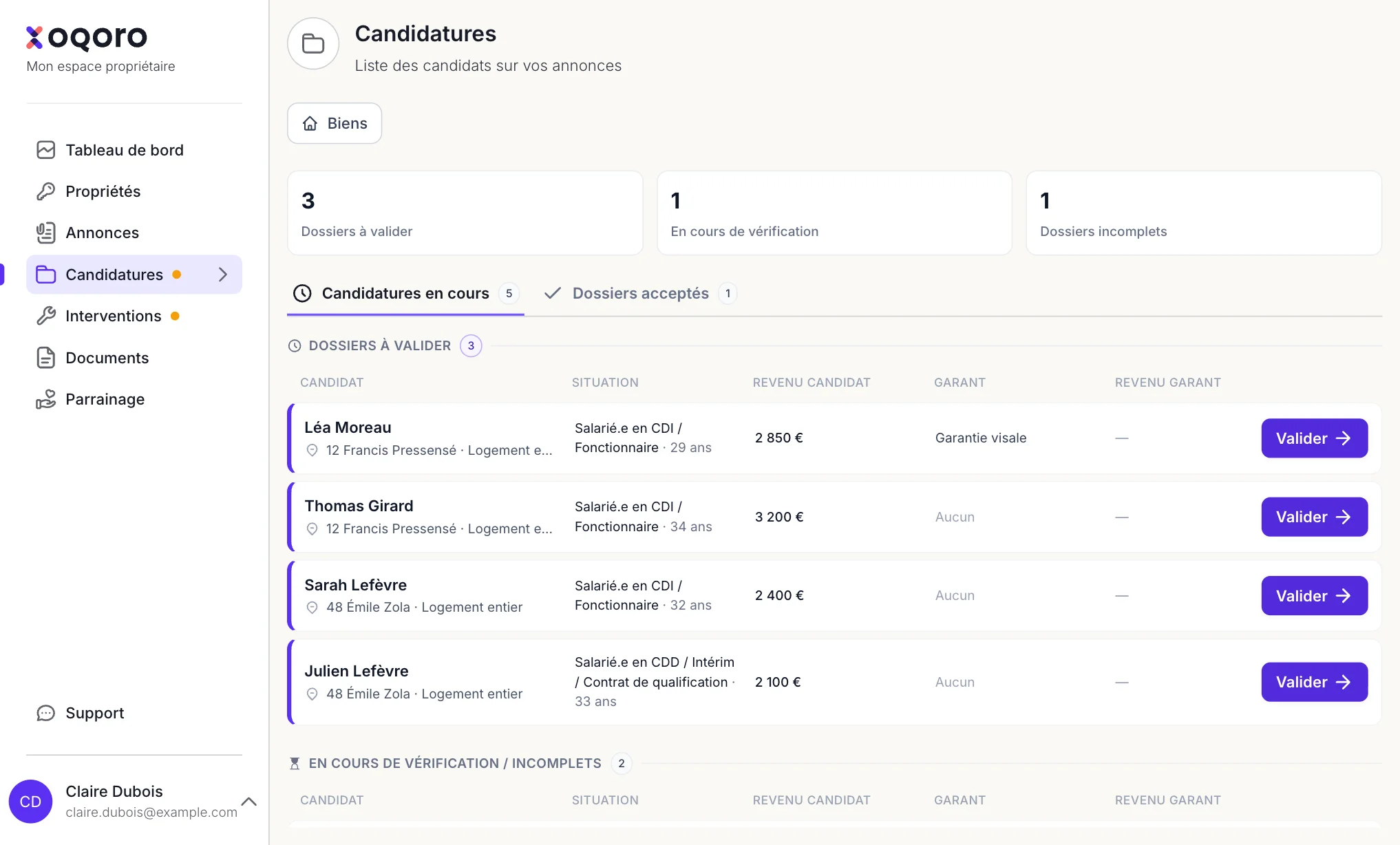 Espace propriétaire OQORO : vos candidatures