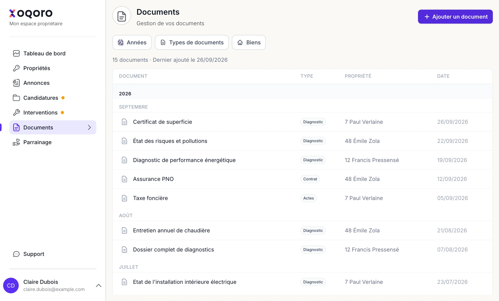 Espace propriétaire OQORO : vos documents