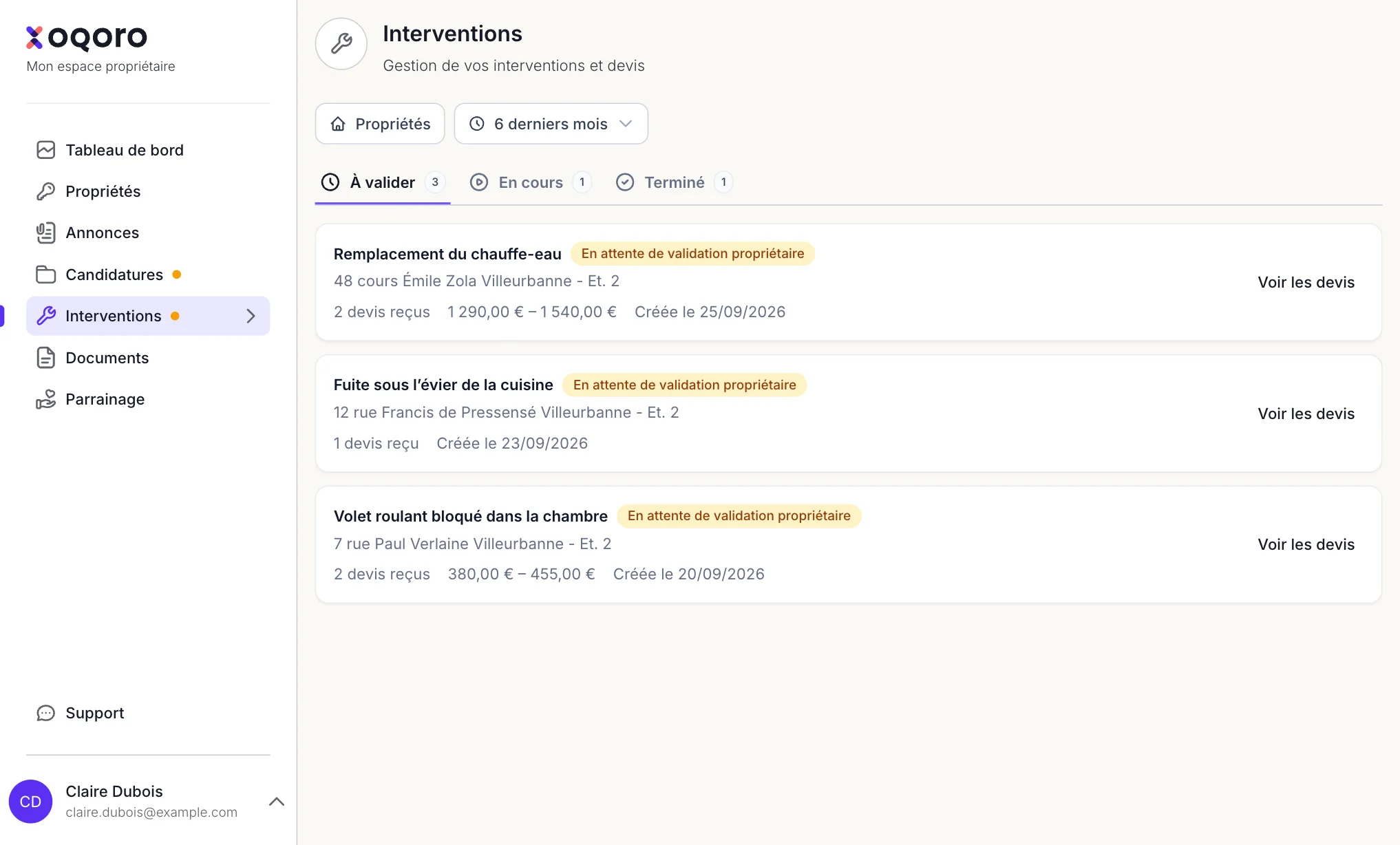 Espace propriétaire OQORO : vos interventions