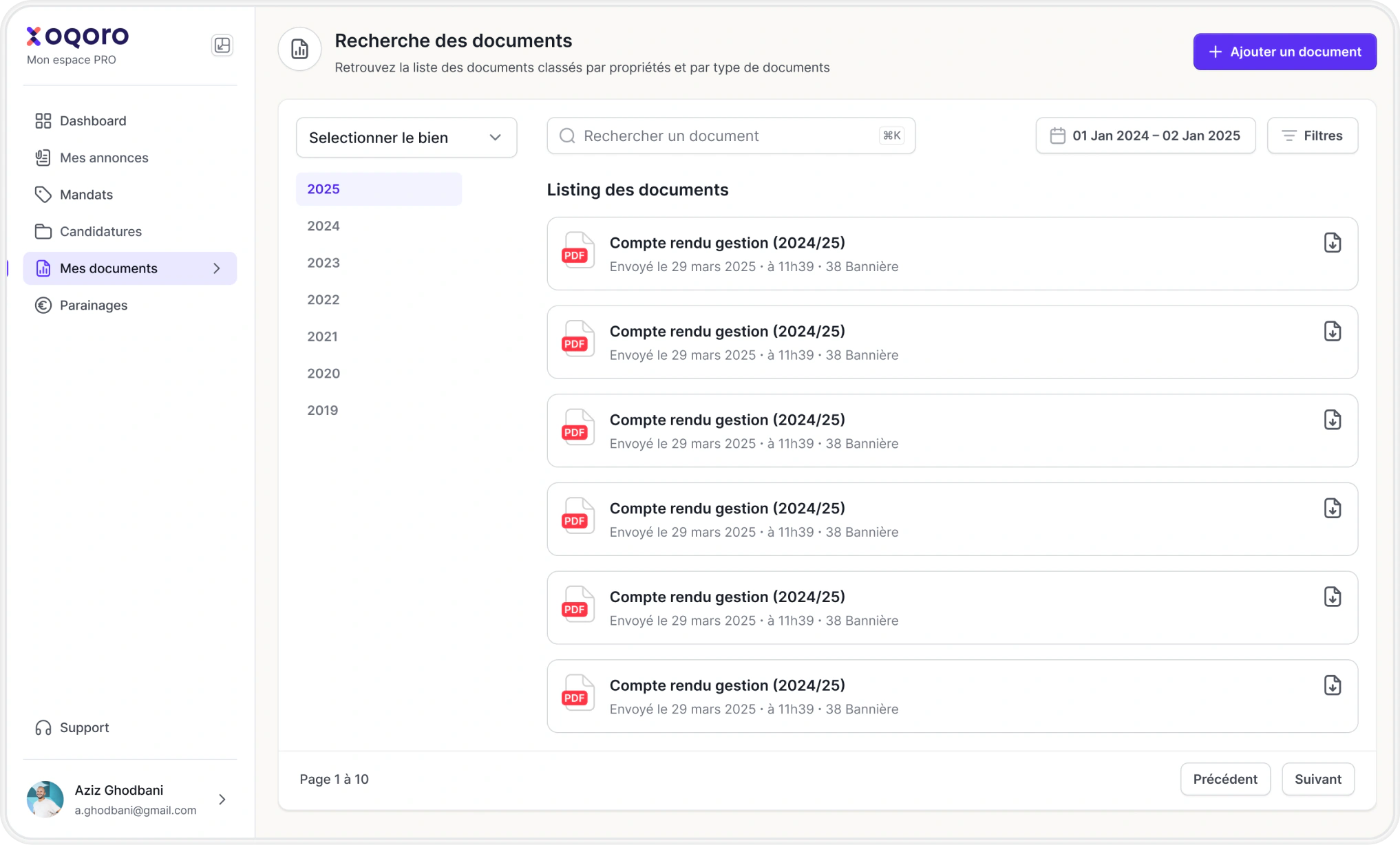 Écran de l'espace propriétaire : Documents