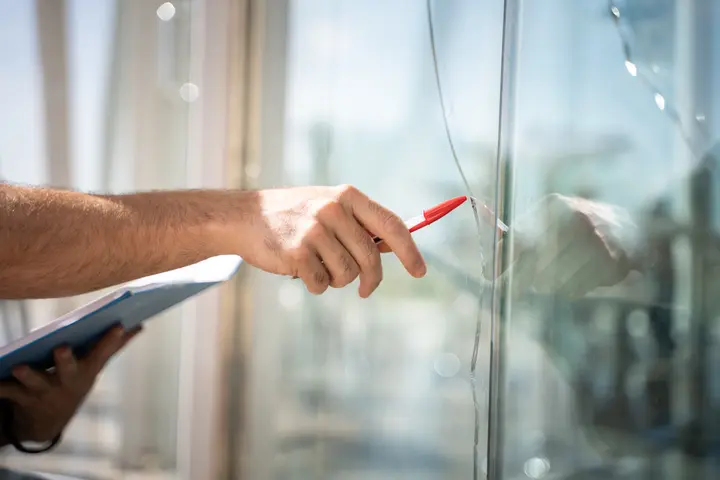 assureur pointant une vitre fissurée